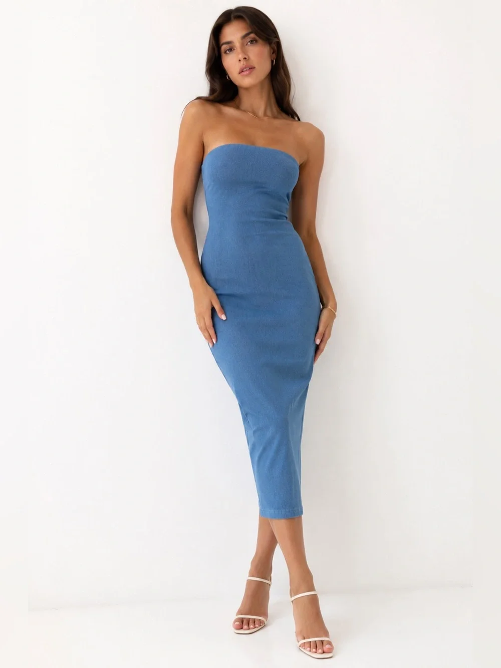 strapless denim bodycon dress Desert Dolly Strapless Denim Bodycon Mini Dress (Light Denim)